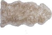 Designer schapenvacht vloerkleed 135 x 60 cm patchwork Beige; Creme; Linnen | Hoogpolig vloerkleed natuurlijke vorm.