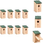 vidaXL Vogelhuisje - Grenenhout - 12 x 12 x 22 cm - Groen dak - Set van 8 - Vogelhuisje