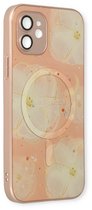 Casemania Hoesje Geschikt voor Apple iPhone 12 Roze - Siliconen Marmer Back Cover - Geschikt voor MagSafe