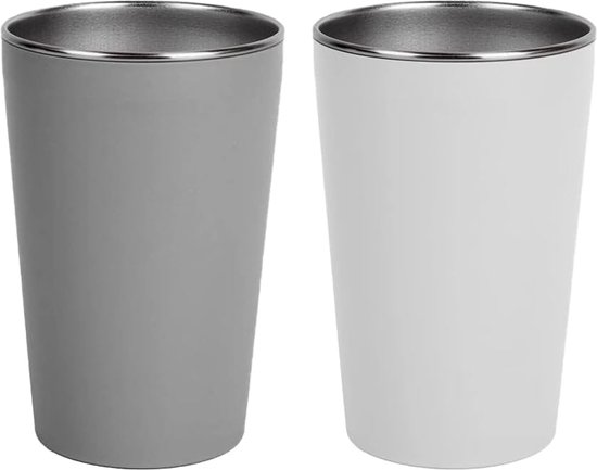 Drinkbeker, verpakking van 2, roestvrijstalen koffiebeker, 500 ml, anti-brandwond en anti-slip beker, drinkbeker voor warme en koude dranken (wit & grijs)