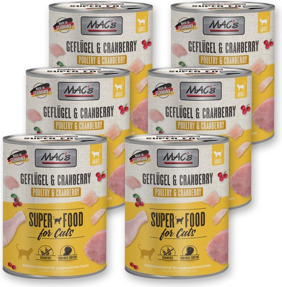 MAC’s Kattenvoer Natvoer Blik - 95,8% Gevogelte & Cranberry - 6 x 800g