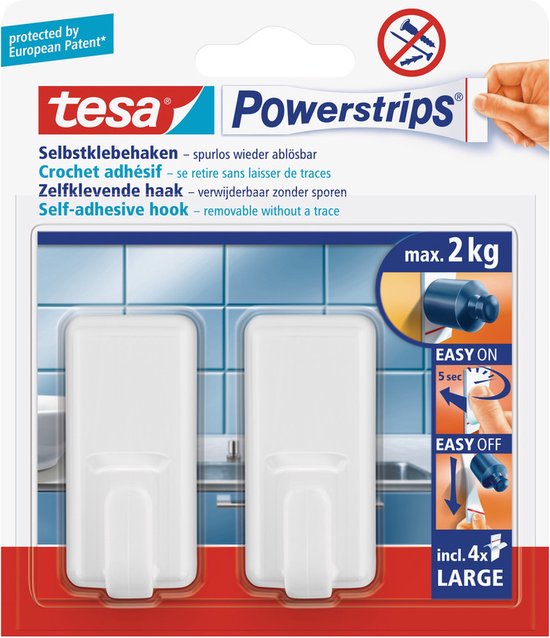 Tesa Powerstrips zelfklevende haken, wit, set van 4, verwijderbaar zonder sporen.