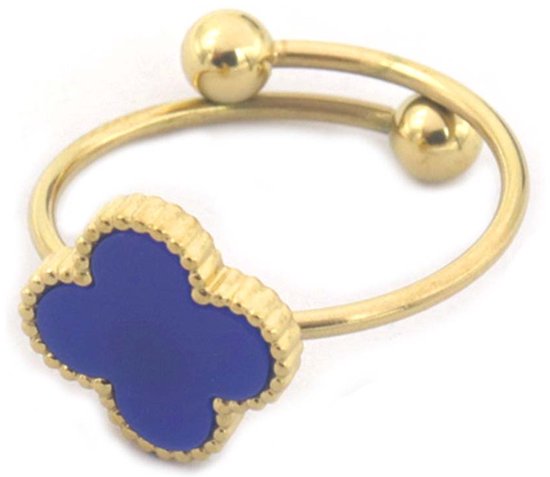 Ring met Klaver - RVS - One Size - Goudkleurig en Blauw