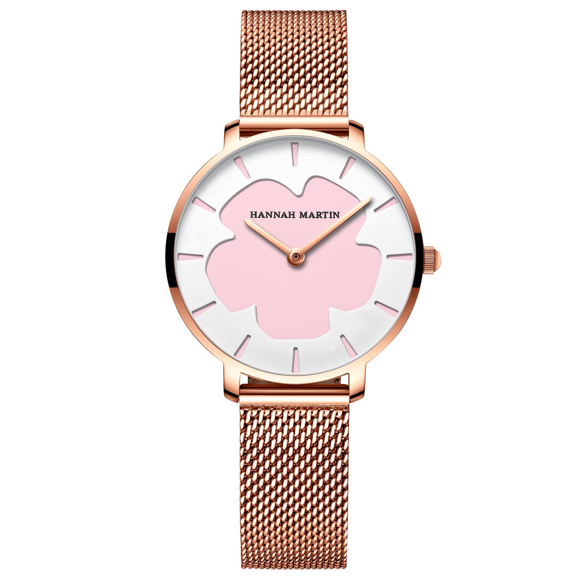 HANNAH MARTIN horloge met gouden stalen polsband, wit naar roze overgaande wijzerplaat in het donker, gouden horlogekast voor dames met stijl ( model 1333 P )