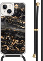 Casimoda® hoesje met zwart koord - Geschikt voor iPhone 14 - Marmer Grijs Brons - Afneembaar koord - TPU/acryl - Zwart