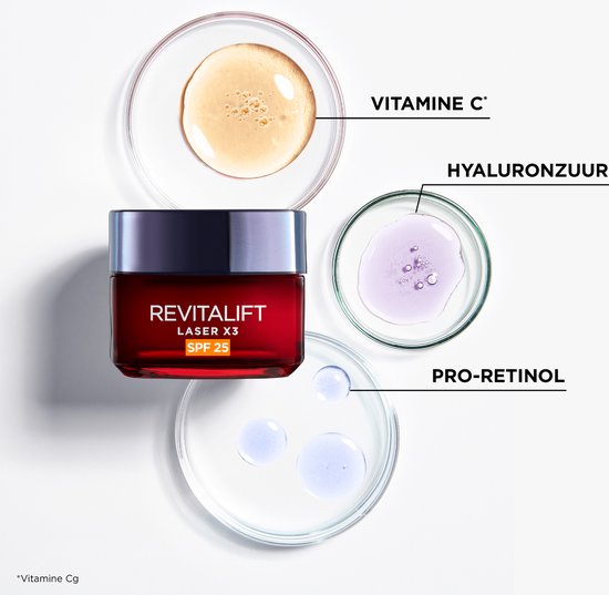 L'Oréal Paris Revitalift Laser X3 dagcrème potje omringd door petrischalen met pro-retinol, hyaluronzuur en vitamine C.