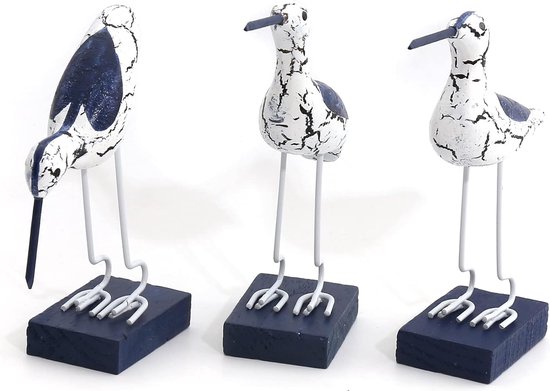 Decoratieve figuren set van 3 houten reigers staand wit blauw maritieme badkamerdecoratie vogel mooie badkameraccessoires decoratie voor plank, dressoir, vensterbank.