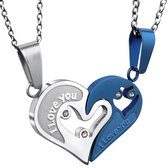 Hartjes Ketting Set voor Hem en Haar - I Love You - Zilver / Blauw kleurig - Romantisch Liefdes Cadeau - Relatie Cadeau - Koppel Cadeau - Mannen Cadeautjes - Cadeau voor Man