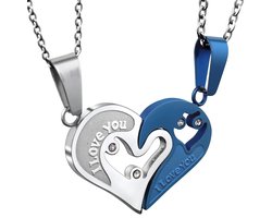 Hartjes Ketting Set voor Hem en Haar - I Love You - Zilver / Blauw kleurig - Romantisch Liefdes Cadeau - Relatie Cadeau - Koppel Cadeau - Mannen Cadeautjes - Vaderdag Cadeau Geschenk