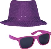 Carnaval verkleed set compleet - hoedje en zonnebril - paars - heren/dames - glimmend - verkleedkleding