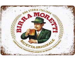 Wandbord Birra Moretti - Metalen Wandbord, Maat: 30x20 cm - Vintage Muurplaat - Retro Horeca Bord - Reclamebord Mancave Kroeg - Wandplaat Bar Cafe Reclameplaat - Wanddecoratie Biermerk Reclame