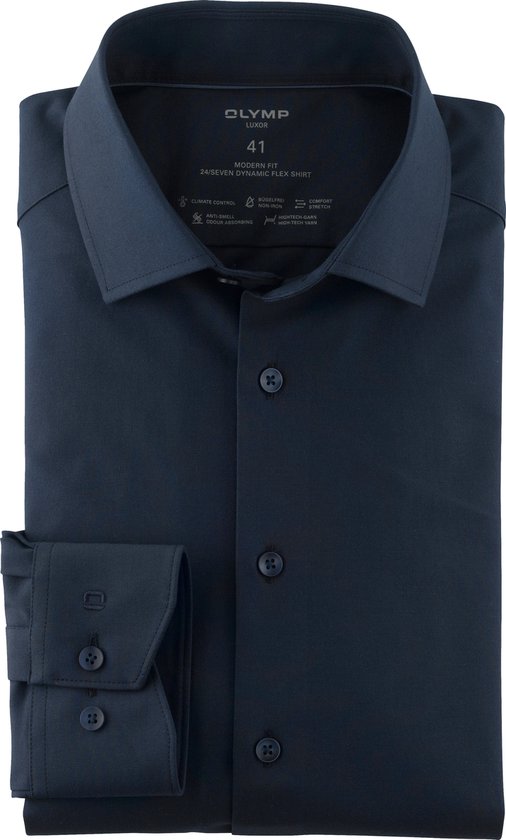 OLYMP Luxor 24/7 modern fit overhemd - popeline - marineblauw - Strijkvriendelijk - Boordmaat: 45