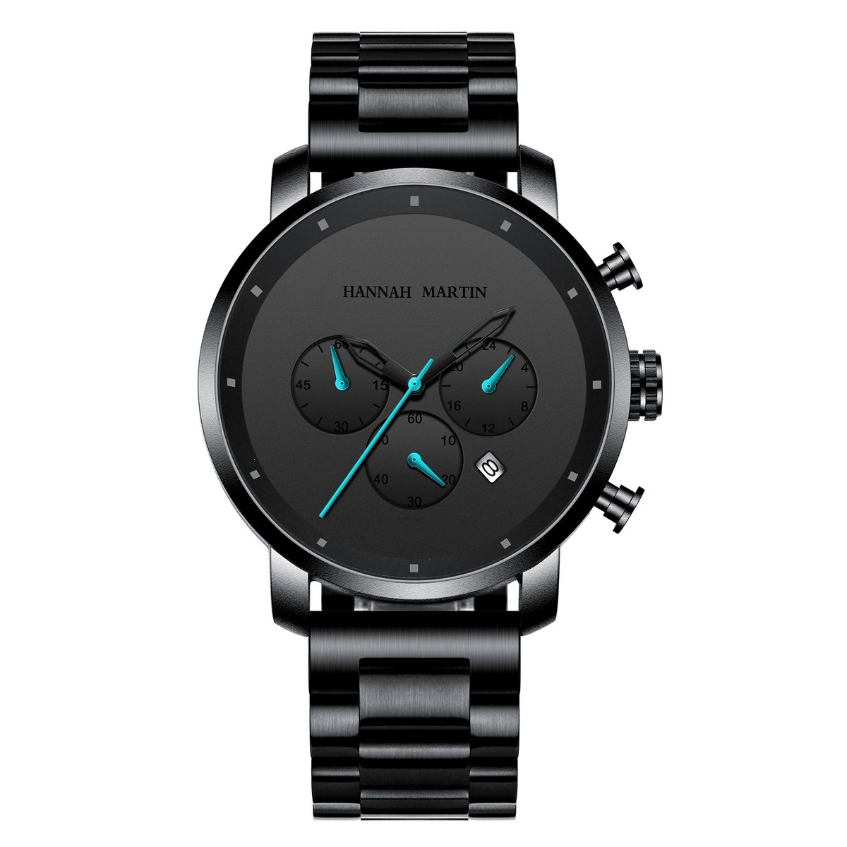 HANNAH MARTIN horloge met zwarte stalen polsband, zwarte wijzerplaat, zwarte horlogekast en blauwe wijzers voor heren met stijl ( model 111 L )