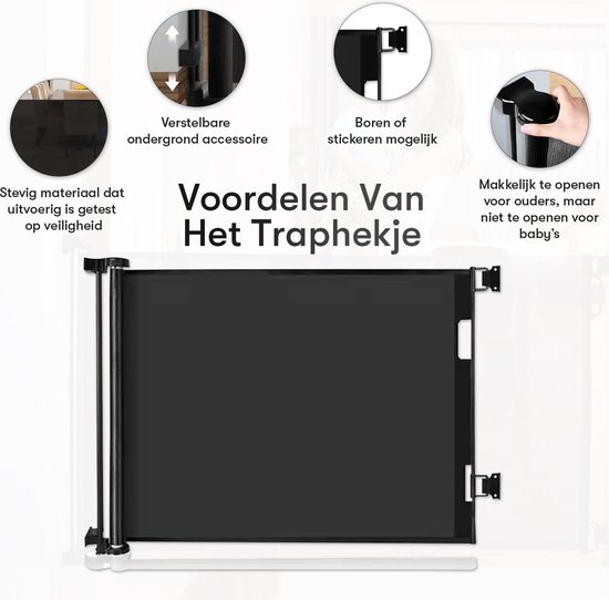 Zwart oprolbaar hekje met iconen voor kenmerken zoals verstelbare accessoires en boor/sticker opties.