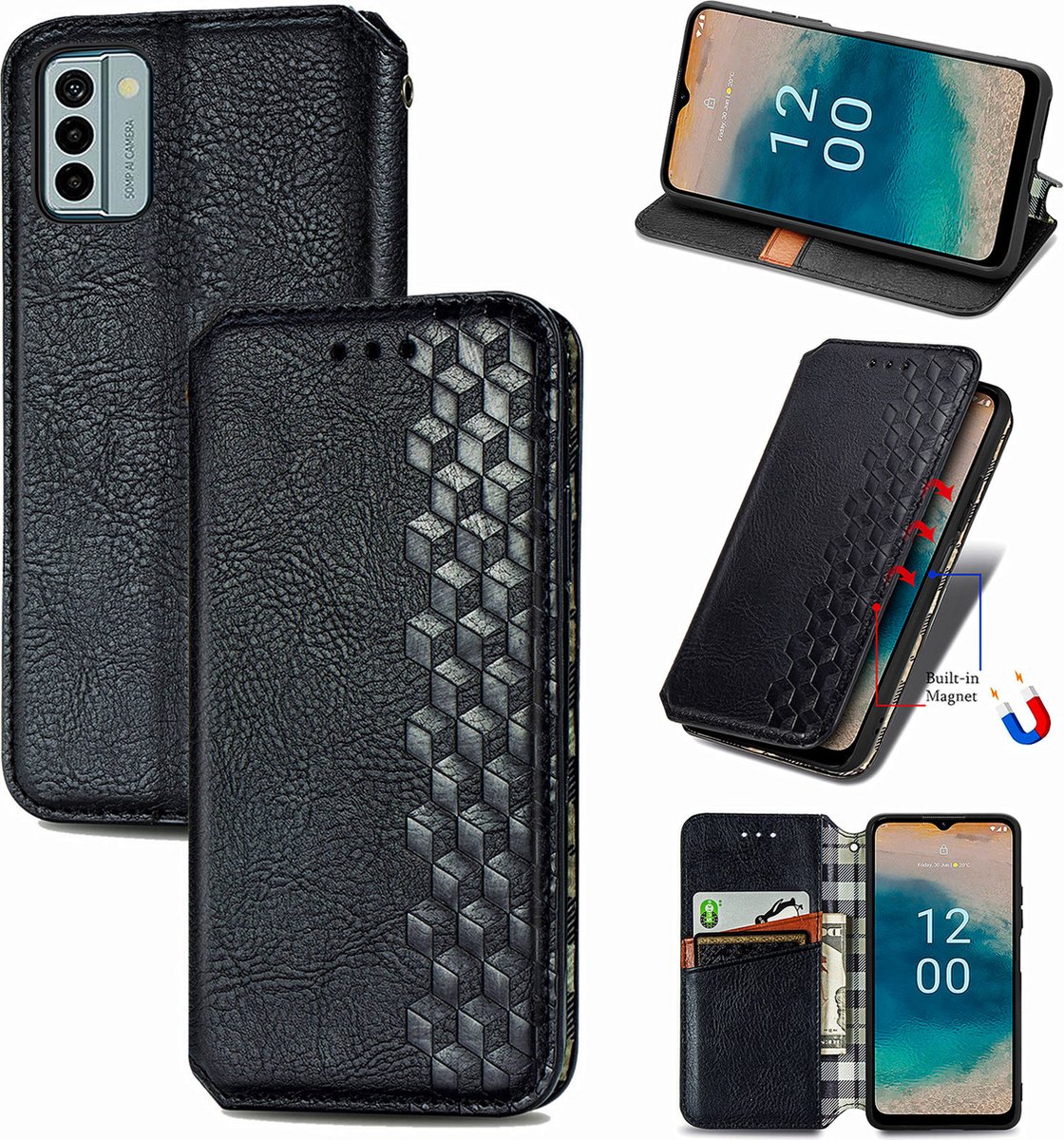 Luxe PU Lederen Ruitpatroon Wallet Case + Glas Screenprotector voor Nokia G42 _ Zwart