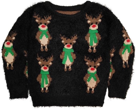 Kersttrui Fluffy Rudolph 3d Sjaaltjes Zwart - Kinderen
