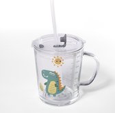 Intirilife Doorschijnende kinderbeker met deksel, schaal en rietje met Dinosaurus ontwerp - 400 ml - Drinkglas met handvat, met schattig motief, veilig drinken zonder morsen