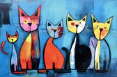 JJ-Art (Canvas) 90x60 | 5 Poezen, abstract in modern surrealisme, kunst, felle kleuren | dier, poes, kat, geel, rood, blauw, zwart roze, humor, modern | Foto-Schilderij canvas print (wanddecoratie)