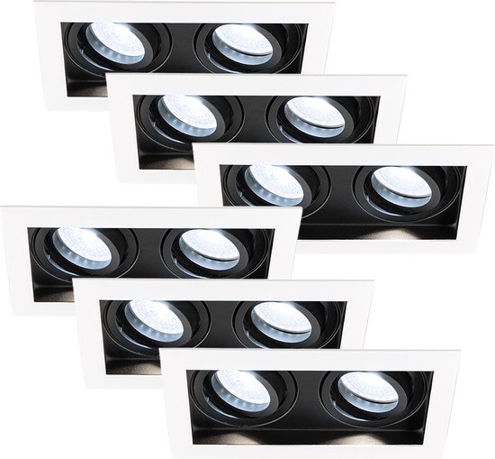 HOFTRONIC - Set van 6 Durham Dubbel LED Inbouwspots vierkant Wit - GU10 - 10 Watt 800 Lumen - 6000K Daglicht wit licht - Kantelbaar en Dimbaar - Diameter 100x185mm - Plafondspots 2 lichts