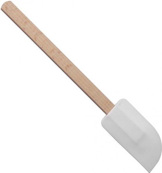 Spatule blanche courbée avec manche en bois.