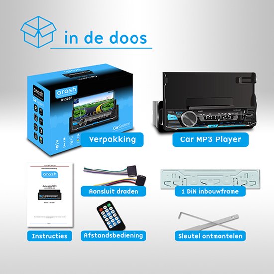 Inhoud van de doos: verpakking, autoradio, instructies, aansluitdraden, afstandsbediening en montagesleutel.