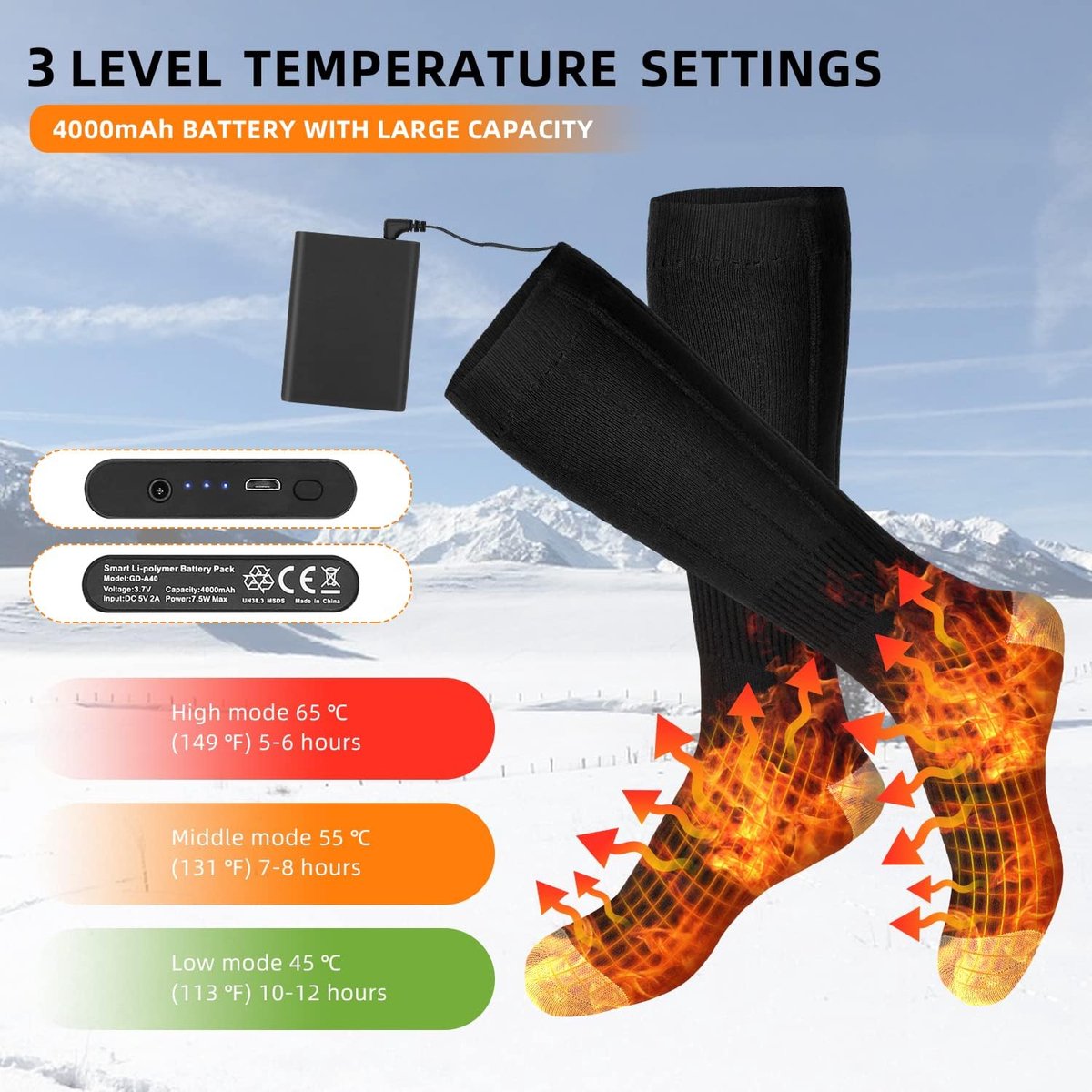 Chaussettes chauffantes Chaussettes de sport Réglages de chauffage Chaussette  chauffante Chauffe-pieds chauds 4200mAh