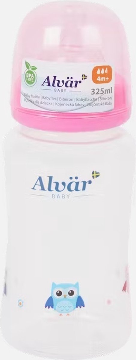 Biberon Alvär 325 ml Rose et transparent avec hiboux - Avec