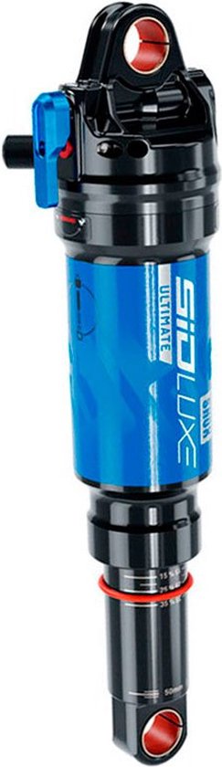 Zwarte RockShox Sidluxe Ultimate RL schokdemper met blauwe opdruk.