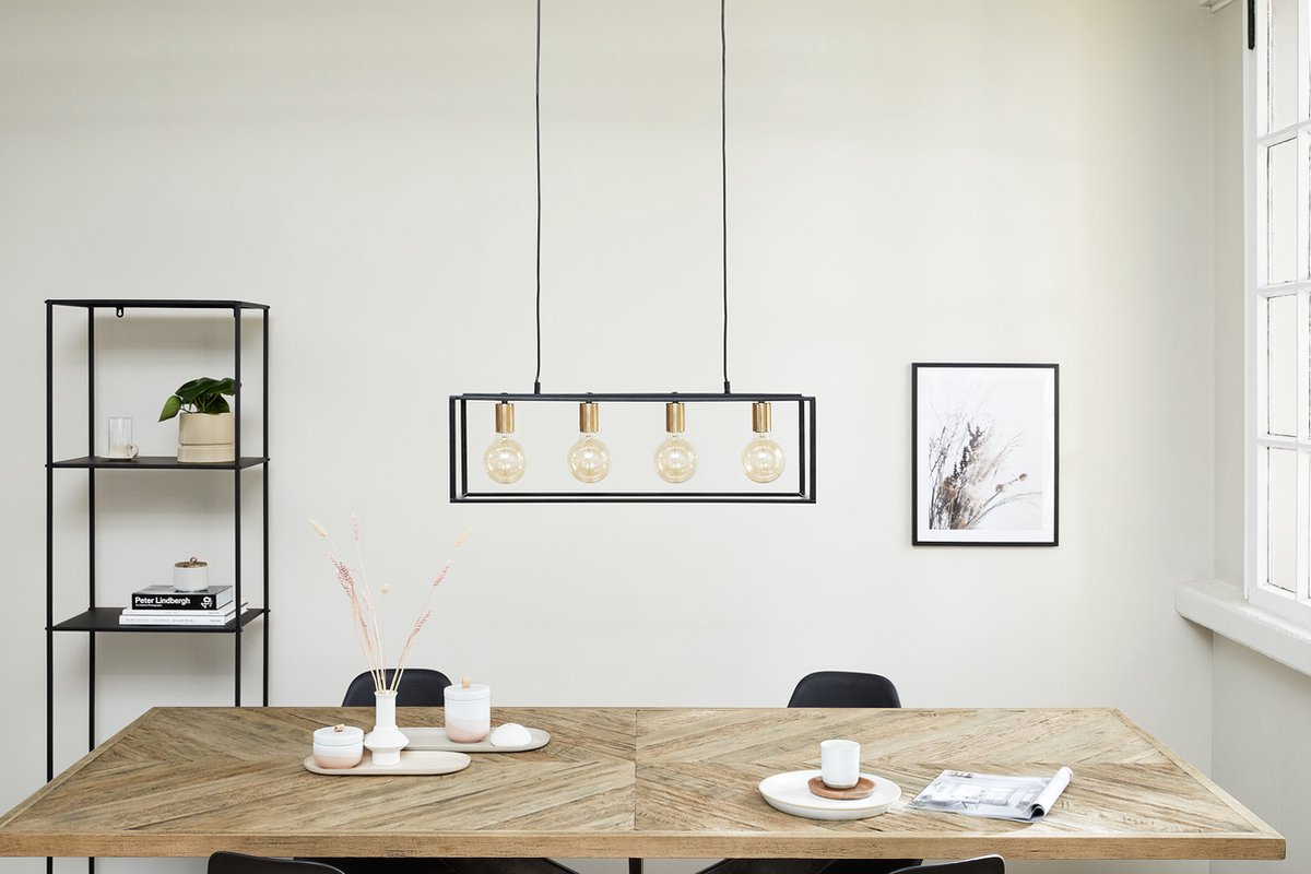 Lifa Living - Industriële Hanglamp - Zwart Metalen Frame met Gouden Fitting - 4 Lichtpunten - E27 - voor Gloeilampen - Inclusief Bevestigingsmateriaal - 75 x 22 x 22 cm