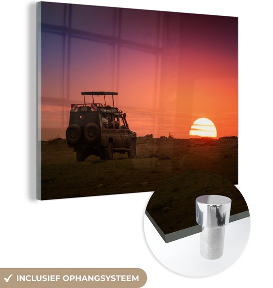 MuchoWow® Glasschilderij 40x30 cm - Schilderij acrylglas - Safari-auto kijkt uit op een zonsondergang in Kenia - Foto op glas - Schilderijen