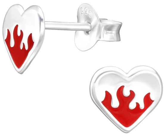 Joy|S - Zilveren hartje oorbellen - vlammend hart - 7 x 6 mm - zilver rood - kinderoorbellen
