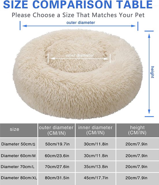 TAMOWA Kattenbed, Hondenbed, Donut Huisdierenbed, Ronde Warme Knuffelkennel Zachte Puppybank Kattenkussen Bed Slaapzak En Verbeterde Slaap 50 Cm Beige 2328081026