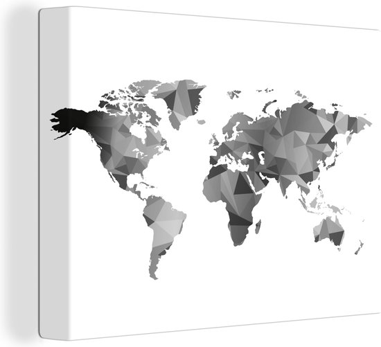 Wereldkaart zwart - grijs - wit - canvas | Wereldkaart Canvas Schilderij