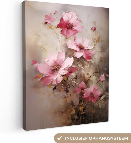 Canvas Schilderij Bloemen - Roze - Kunst - Watercolor - 90x120 cm - Wanddecoratie