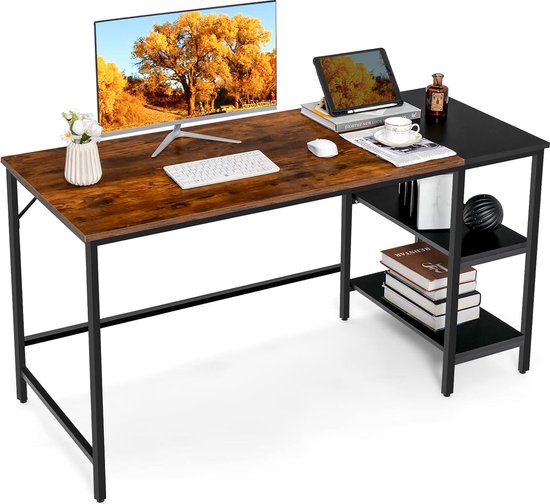 140 cm lang bureau, computertafel met legplanken, bureau met splitsingplaat, grote pc-tafel, werktafel voor kantoor, thuis