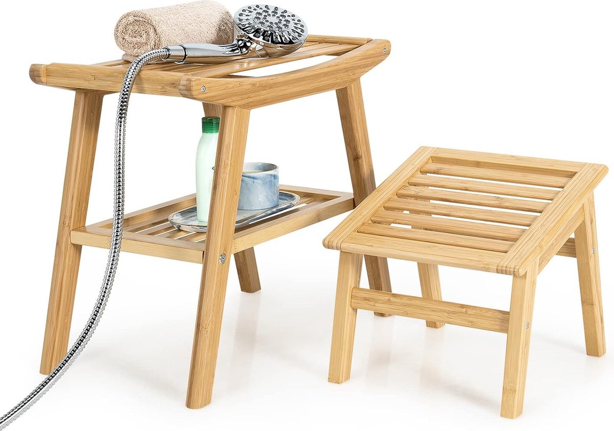 Bamboe douchekruk met voetenbankje, badkruk met opbergvak met legplank