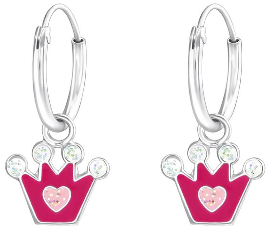 Joy|S - Zilveren kroontje oorbellen - roze met glitter hartje licht roze - oorringen