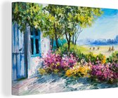 Canvas - Schilderij - Olieverf - Huis - Bloemen - Bomen - Muurdecoratie - 30x20 cm - Wanddecoratie