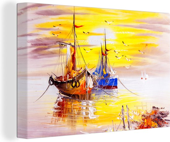 Canvas - Schilderij - Boot - Water - Oil painting - Muurdecoratie - 120x80 cm - Schilderijen op canvas - Wanddecoratie