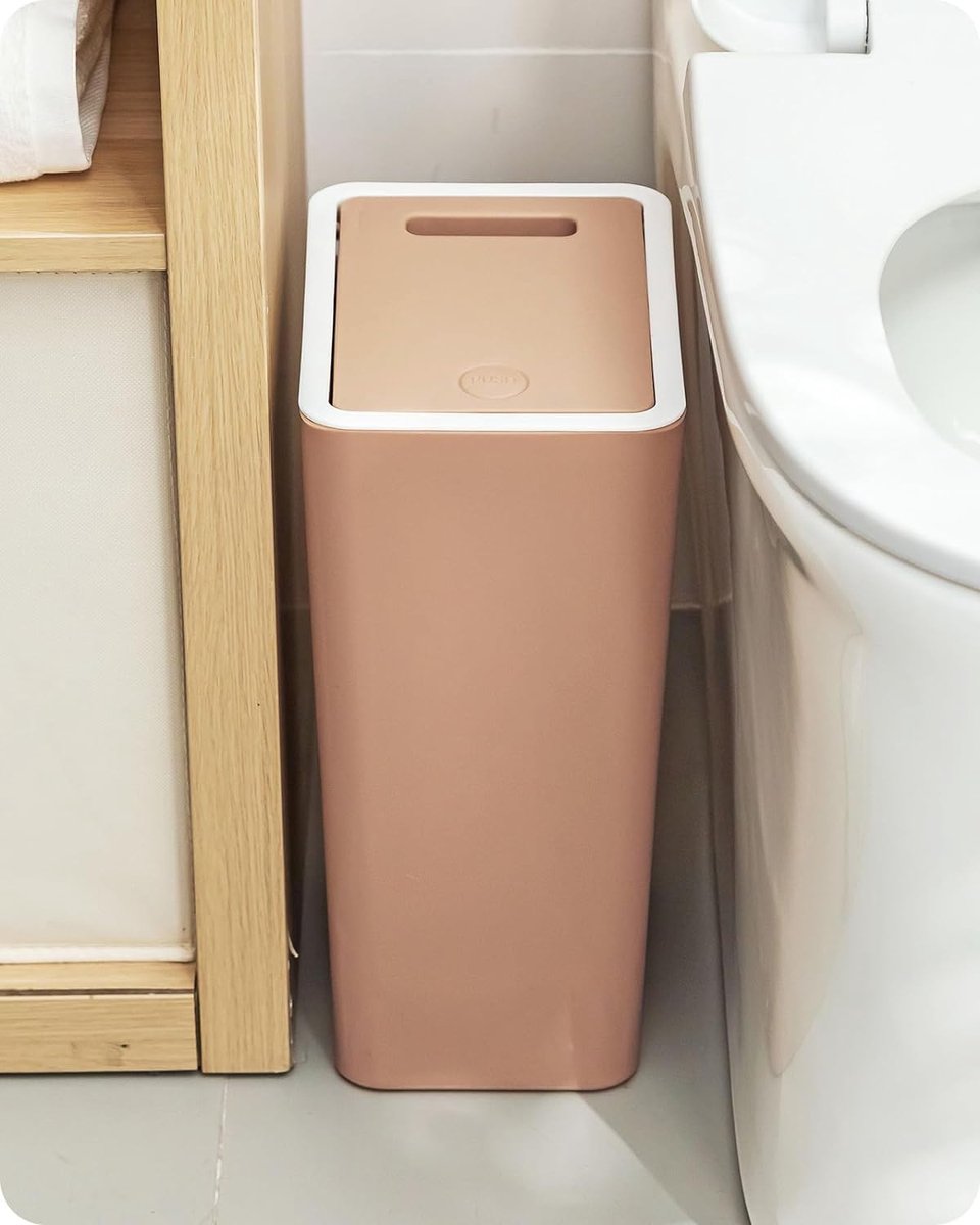 Goedkoopste Keukenafvalbakken met drukdeksel,persend deksel Type keukenafvalbak Slanke vuilnisbak voor woonkamer Toilet Prullenbak Kantoorpapiermand (bruin