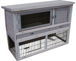 Konijnenhok met ren – Compact konijnenhok voor buiten met 2 verdiepingen en nachthok – 111x45x78 cm – Flamingo Konijnenhok Loft Cottage Grijs