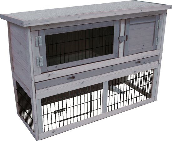 Grijze konijnenkooi "Loft Cottage" met twee verdiepingen, een deur met hartvormig handvat en ramen. Afmetingen 111x45x78 cm.