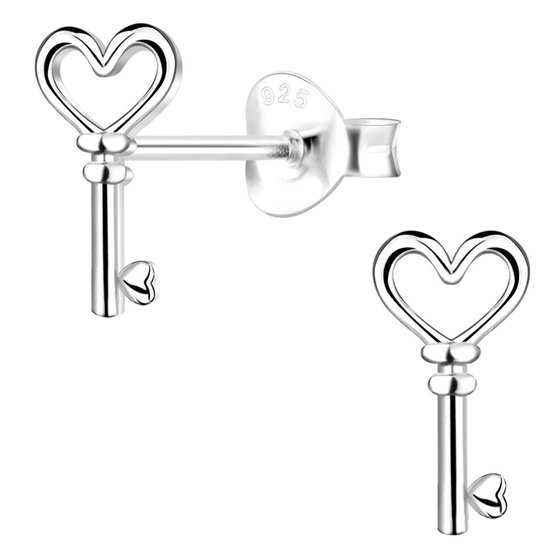 Joy|S - Zilveren sleutel oorbellen - hartjes design - 5 x 8 mm