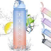 Motiverende waterfles, sportwaterfles van 1 liter met rietje en tijdmarkeringen, lekvrije tijdwaterfles met BPA-vrij deksel voor sport, sportschool, kantoor (blauw kleurverloop)