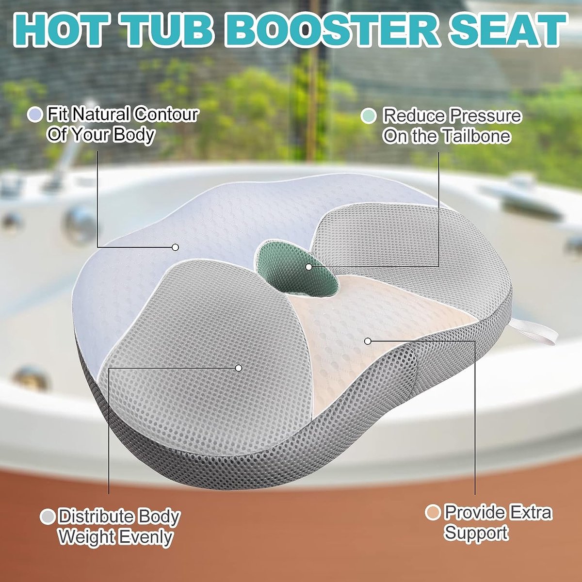 Goedkoopste 4D Air Mesh Bad Zitkussen met 6 antislip krachtige zuignappen, volwassenen dompelbaar spa-kussen, wasbare en sneldrogende badaccessoires voor binnen en buiten Hottub