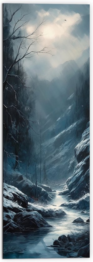 Dibond - Water - Sneeuw - Bomen - Bergen - Donker - 50x150 cm Foto op Aluminium (Wanddecoratie van metaal)