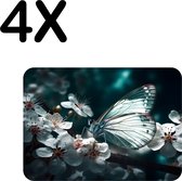 BWK Flexibele Placemat - Witte Vlinder op Witte Bloemen in een Donkere Omgeving - Set van 4 Placemats - 40x30 cm - PVC Doek - Afneembaar