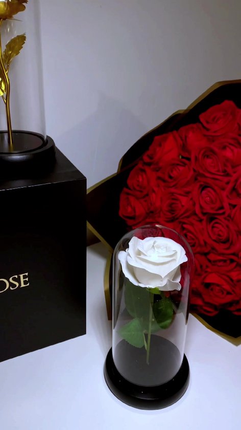 La Rose Flower White - Rose blanche de Luxe en cloche en verre - Rose en verre - Décoration florale romantique