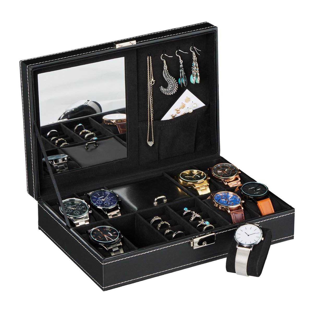 Relaxdays horlogebox voor 8 horloges - zwarte sieradendoos - fluweel - horlogedoos dames