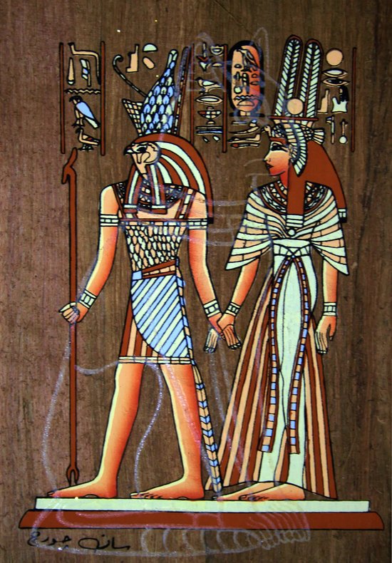 Papyrus égyptien représentant Horus et Cléopâtre
